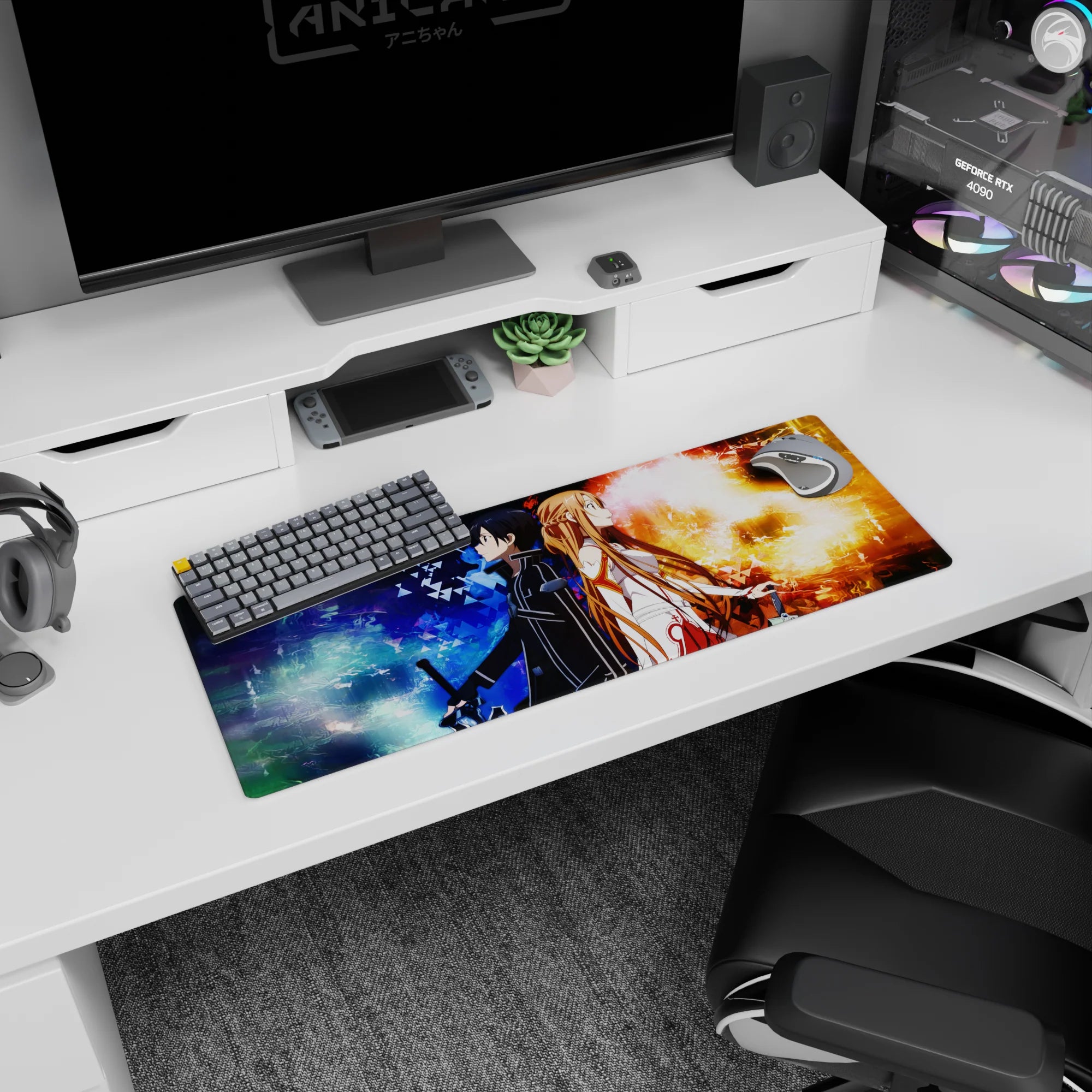 Anime mouse pad 32x12 inches featuring Kirito and Asuna from Sword Art Online, showcasing fire and frost elements.