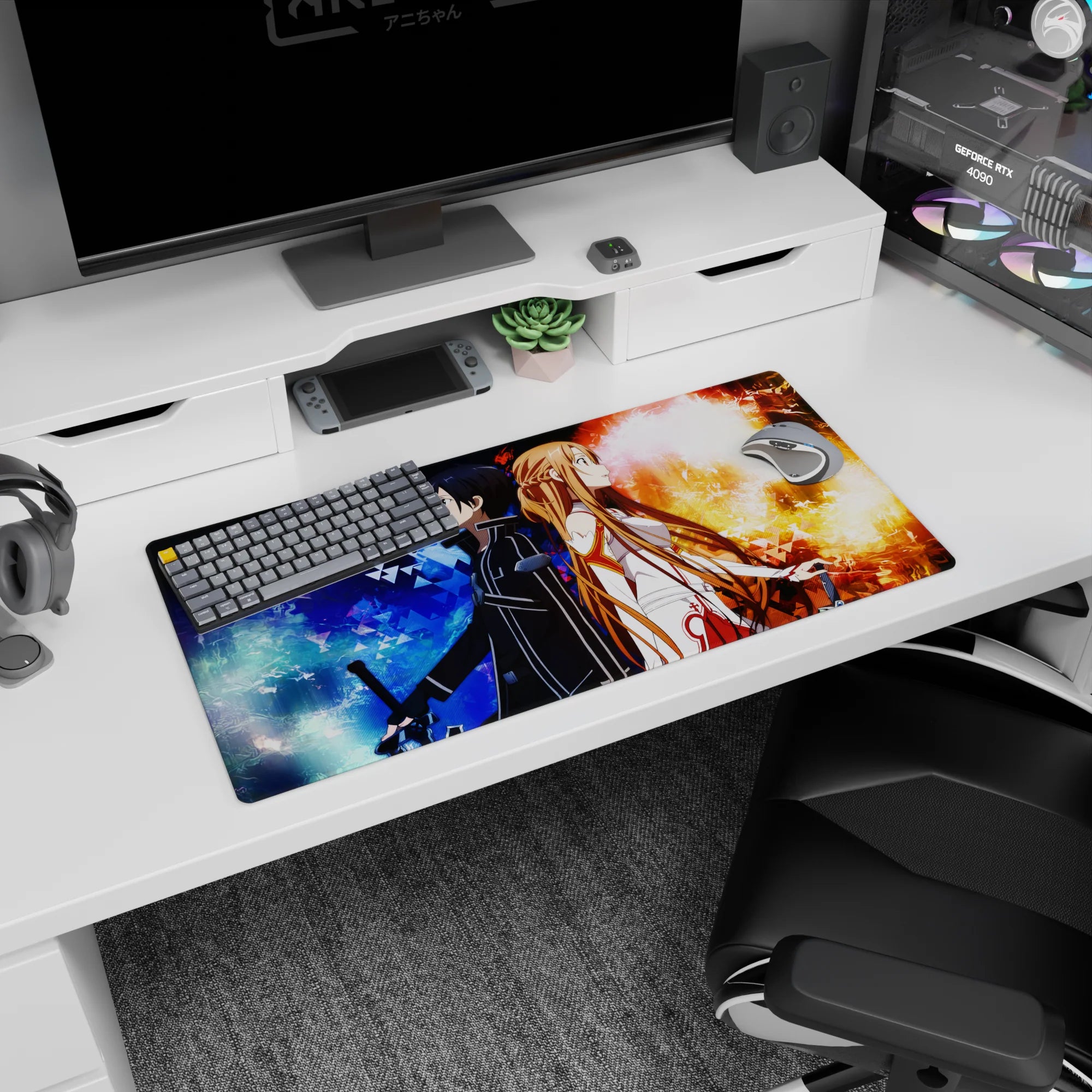 Anime mouse pad 32x16 inches featuring Kirito and Asuna from Sword Art Online, showcasing dynamic fire and frost elements.