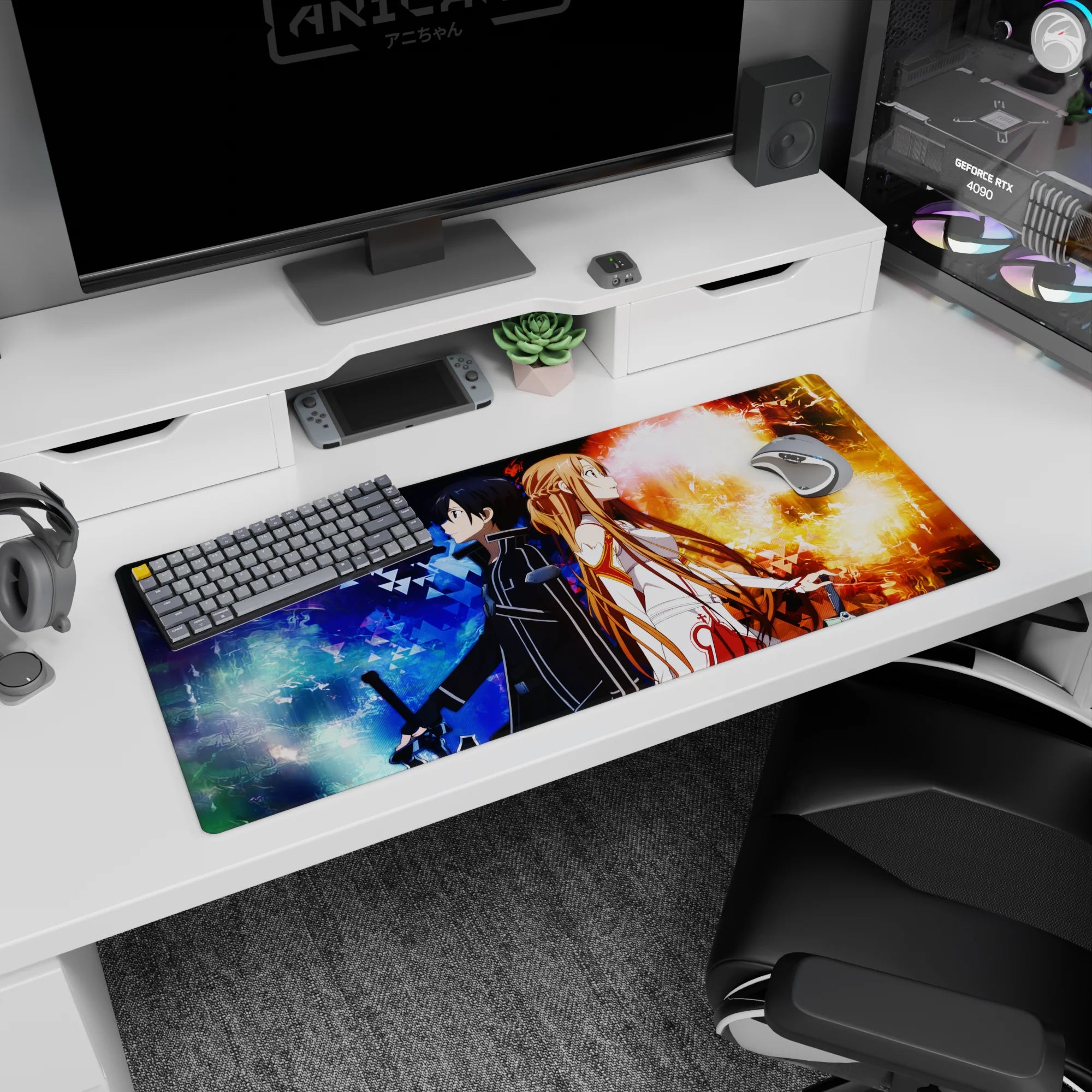 Kirito and Asuna from Sword Art Online on a 36x16 inch anime mouse pad, featuring vibrant fire and ice elements.