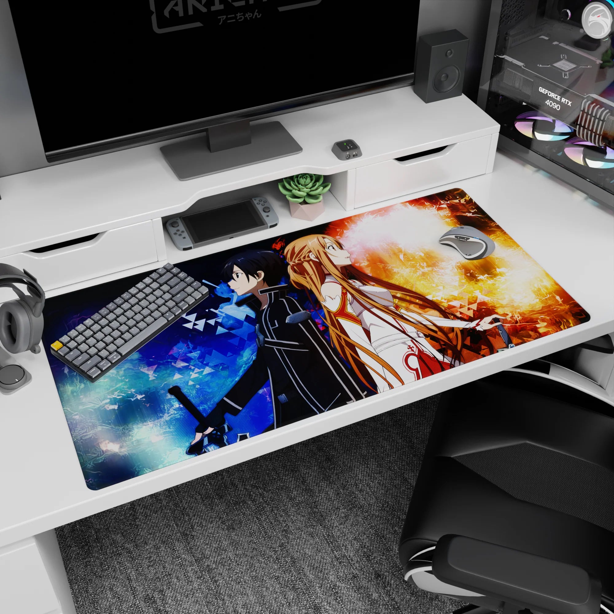 Kirito and Asuna from Sword Art Online on a 40x20 inch anime desk pad, featuring fire, frost, and shattered triangles.