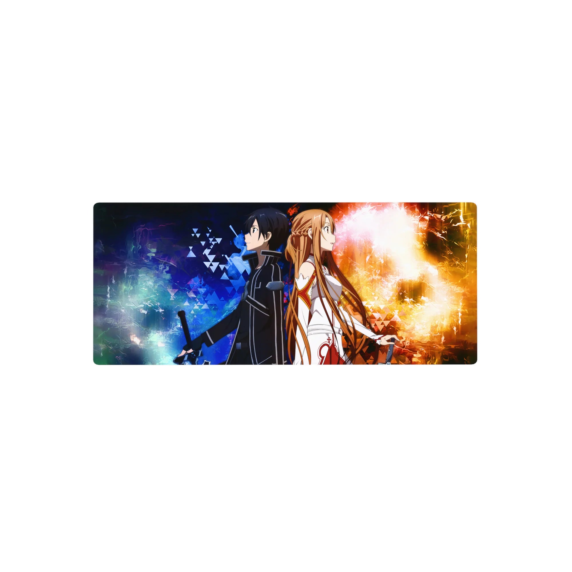 Kirito and Asuna anime mouse pad, 28x12 inches, showcasing fire and frost clash, vibrant blues, golds, and shattered triangles.