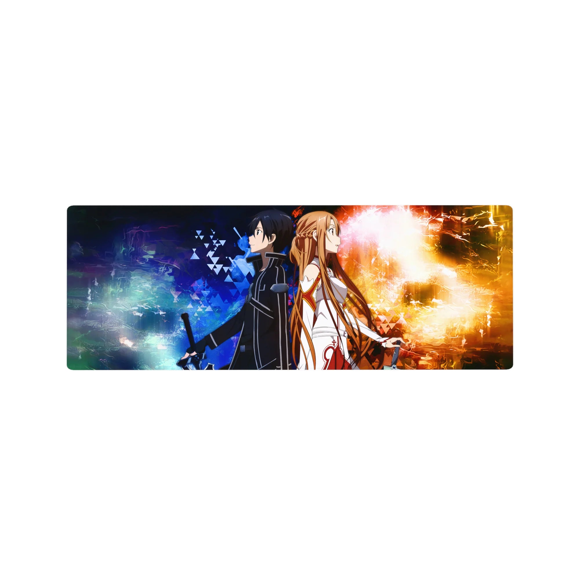 Anime mouse pad 32x12 inches featuring Kirito and Asuna in a dynamic fire and frost battle, with vibrant colors and patterns.