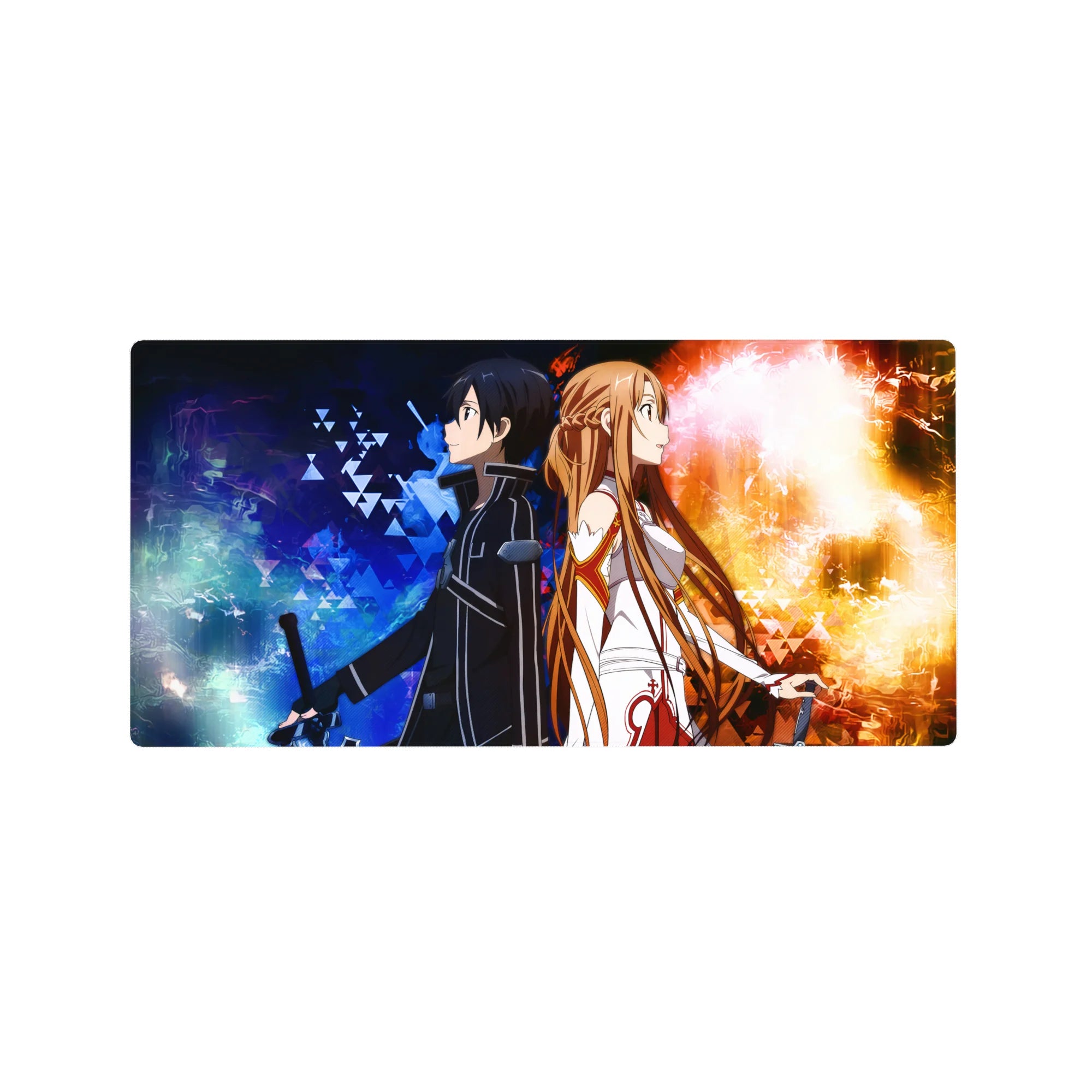 Kirito and Asuna on 32x16 inch anime mouse pad, vibrant electric blues and golds, depicting their powerful bond amidst chaos.