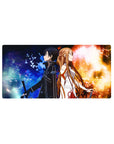 Kirito and Asuna on 32x16 inch anime mouse pad, vibrant electric blues and golds, depicting their powerful bond amidst chaos.
