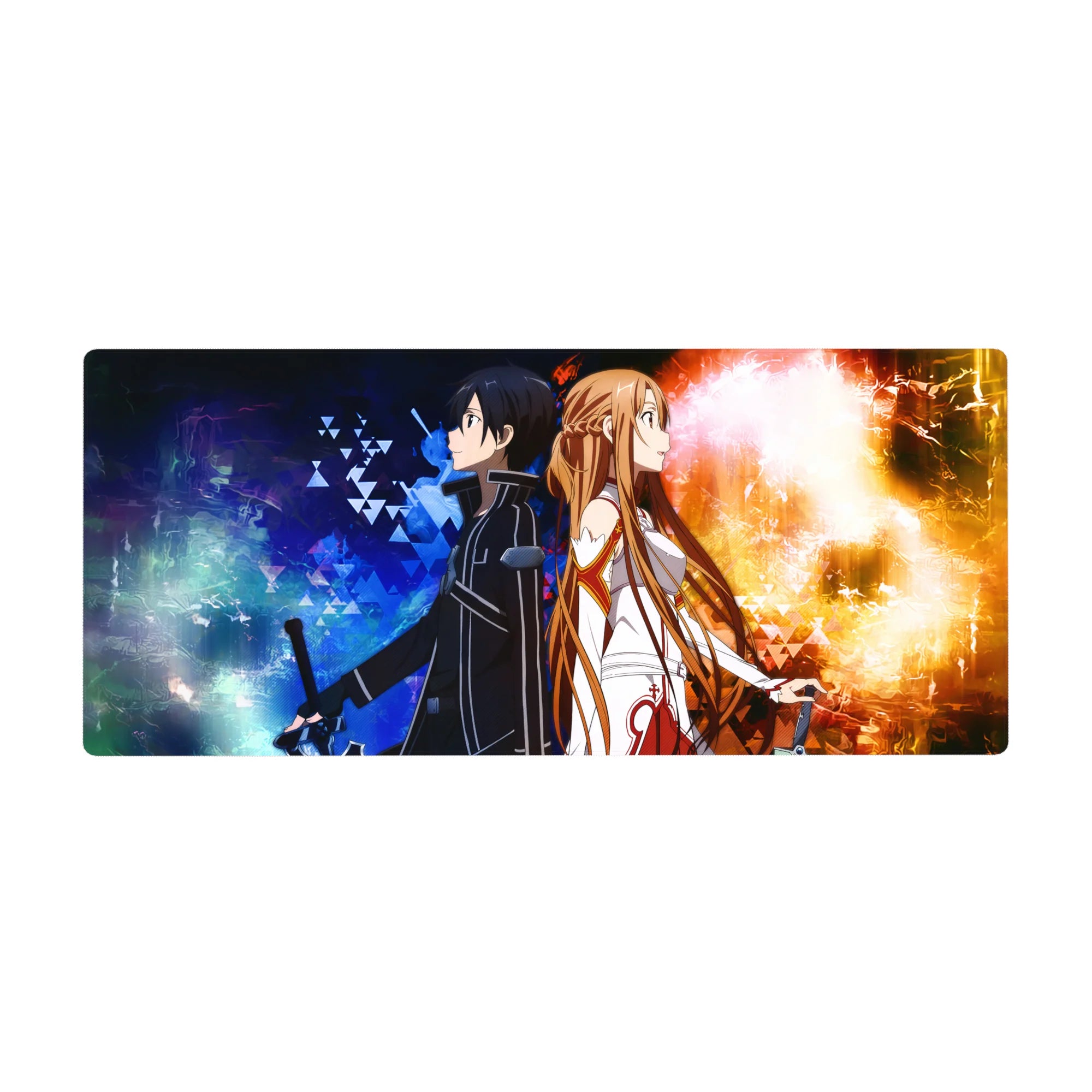 Kirito and Asuna anime desk pad 36x16 inches, featuring a dynamic fire and frost clash with electric blues and golds.