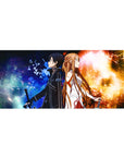 Kirito and Asuna anime desk pad 36x16 inches, featuring a dynamic fire and frost clash with electric blues and golds.