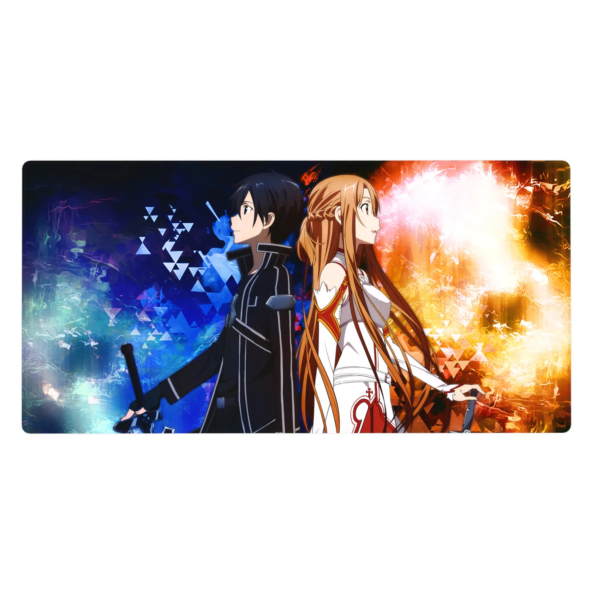 Kirito and Asuna on a 40x20 inch anime mouse pad, showcasing a clash of fire and frost with electric blues and golds.