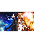 Kirito and Asuna on a 40x20 inch anime mouse pad, showcasing a clash of fire and frost with electric blues and golds.