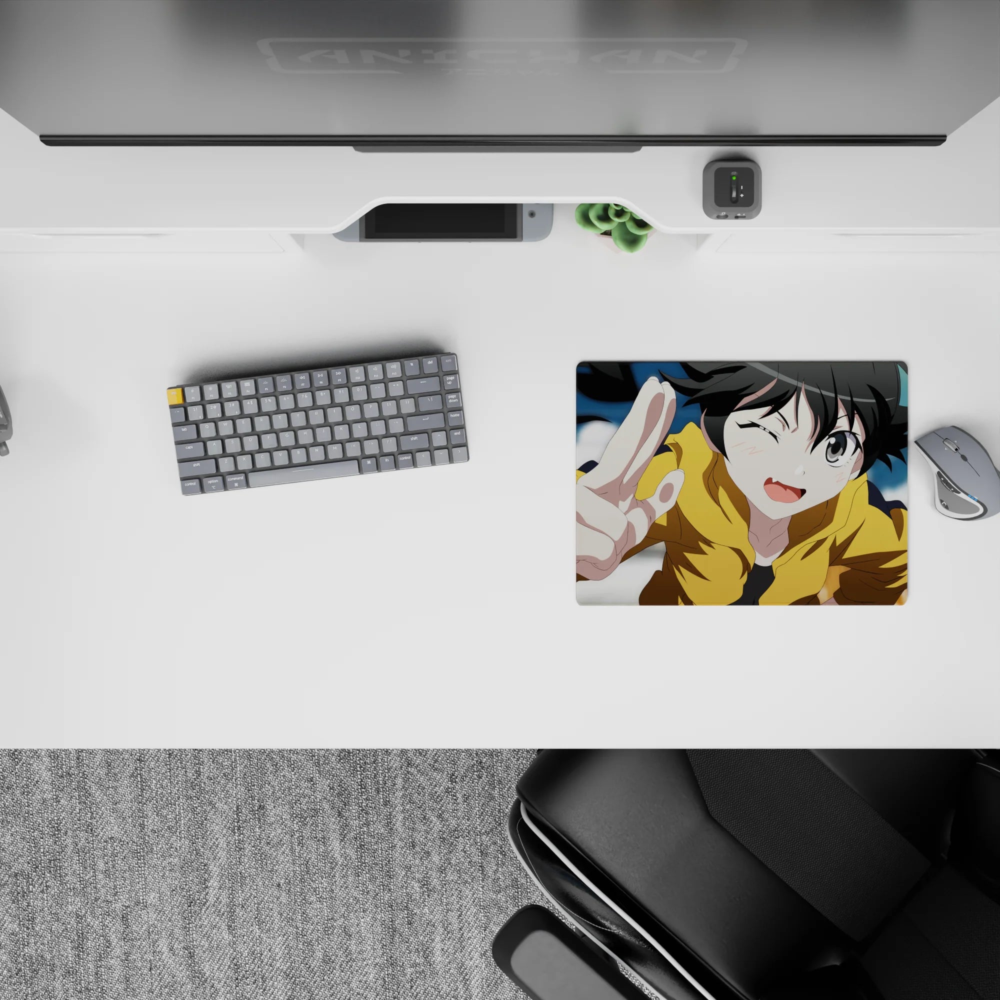 Cozy sunshine-chaos anime mouse pad 14x10 inches in mustard yellow and soft sky blue tones.