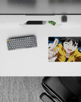 Cozy sunshine-chaos anime mouse pad 14x10 inches in mustard yellow and soft sky blue tones.