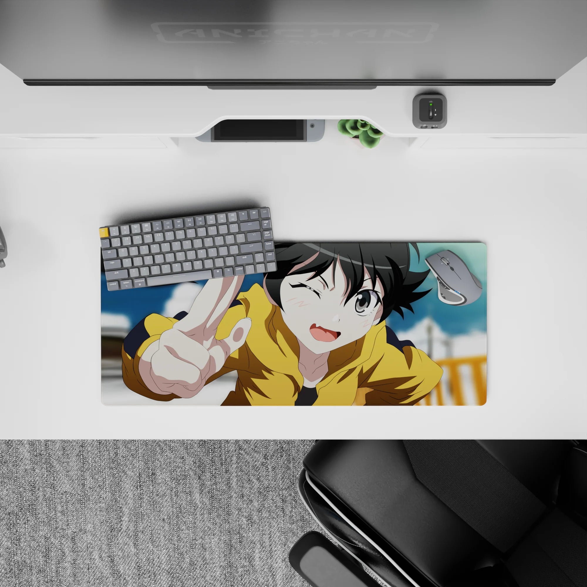 Sunshine-chaos anime girl mouse pad 28x12 inches in mustard yellow, soft sky blue, and cloudy whites.