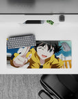 Sunshine-chaos anime girl mouse pad 28x12 inches in mustard yellow, soft sky blue, and cloudy whites.