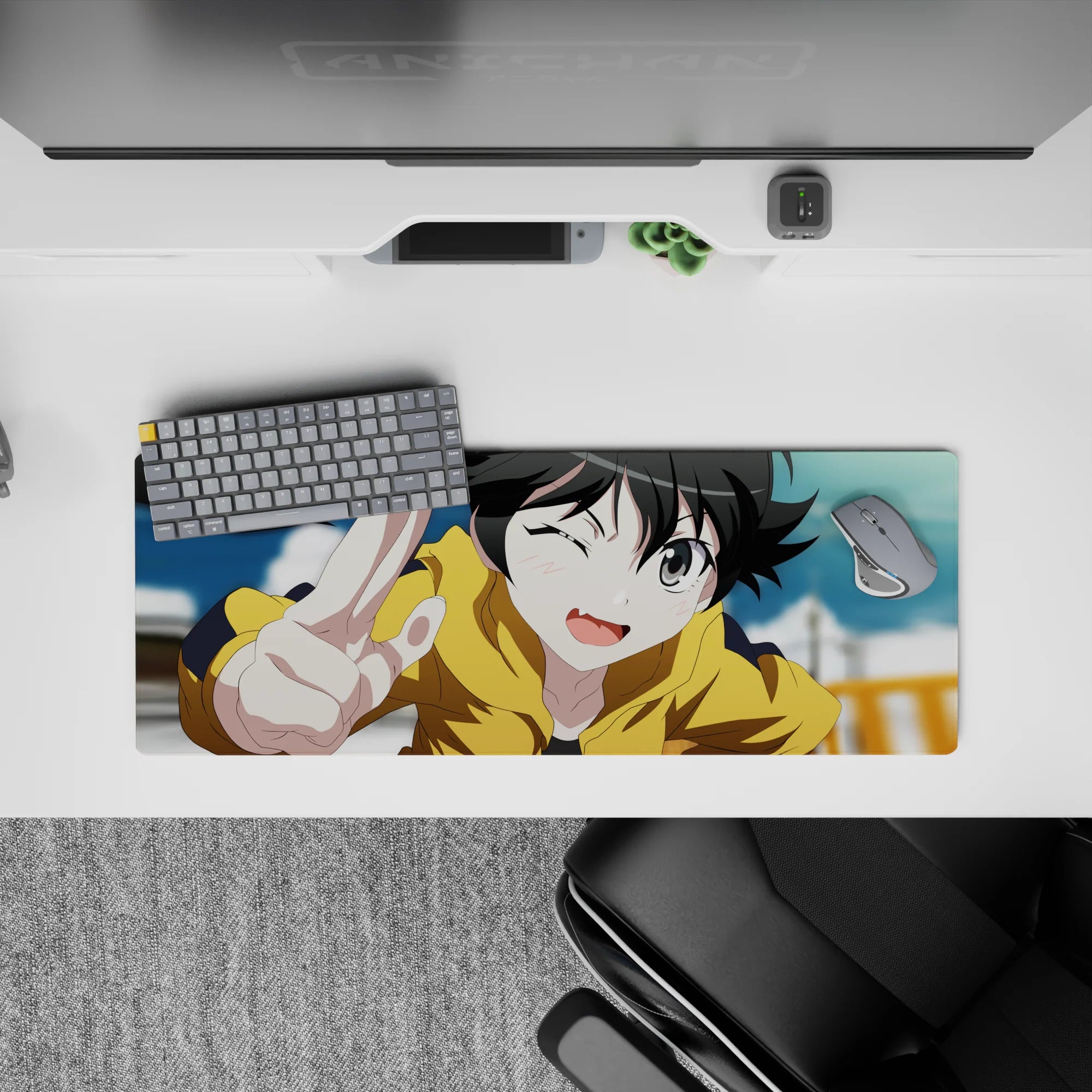 32x12 inches anime girl desk mat in sunny mustard and soft sky blues, cozy chaos vibe for gaming.