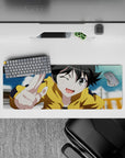 32x12 inches anime girl desk mat in sunny mustard and soft sky blues, cozy chaos vibe for gaming.