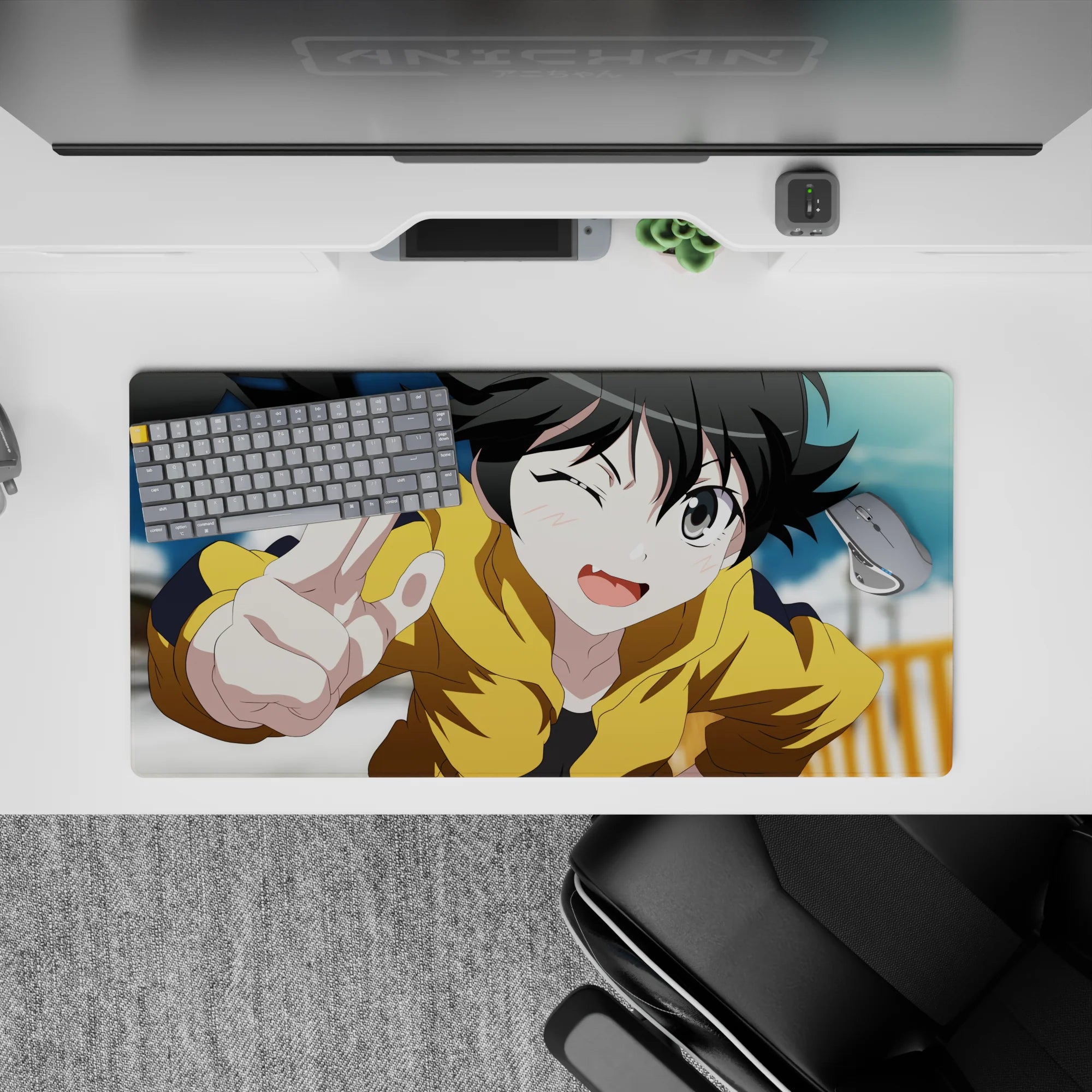 Cute anime desk mat 32x16 inches in sunny yellow and sky blue, cozy clouds, playful cheerful vibe.