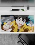 Cute anime desk mat 32x16 inches in sunny yellow and sky blue, cozy clouds, playful cheerful vibe.