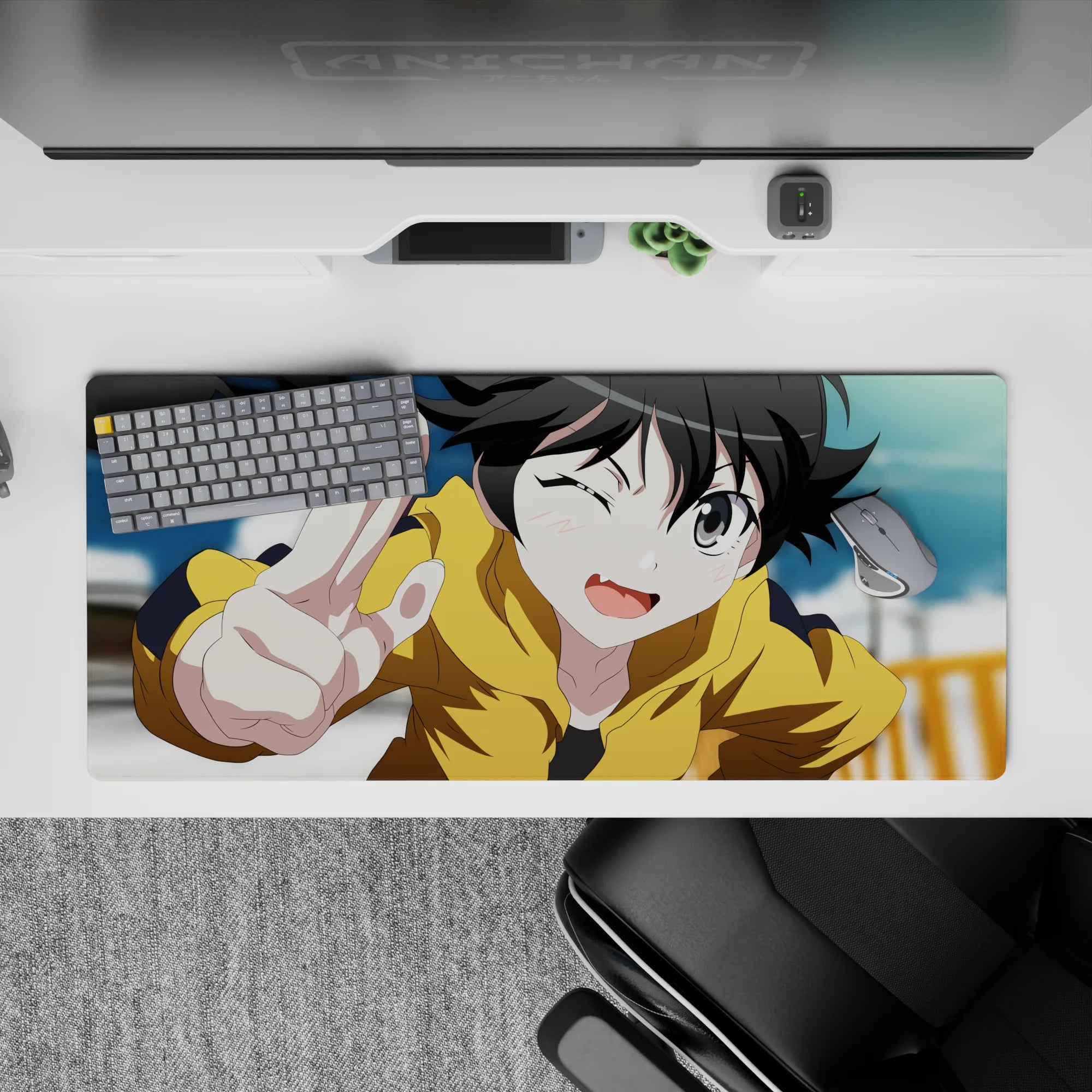 Cozy sunshine-chaos anime desk pad 36x16 inches in mustard hoodie, soft blue sky, warm tones.