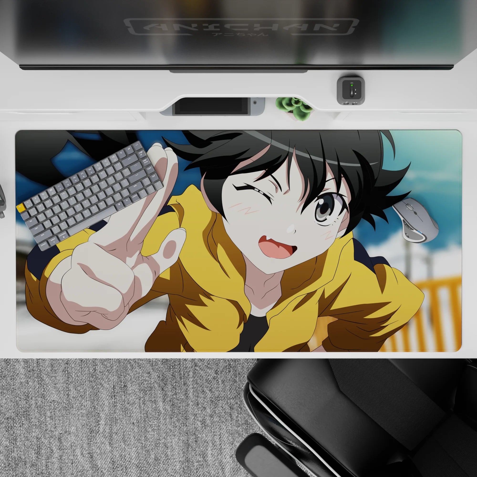 Cozy sunshine-chaos anime desk pad 40x20 inches in mustard hoodie, soft blue sky, warm tones.