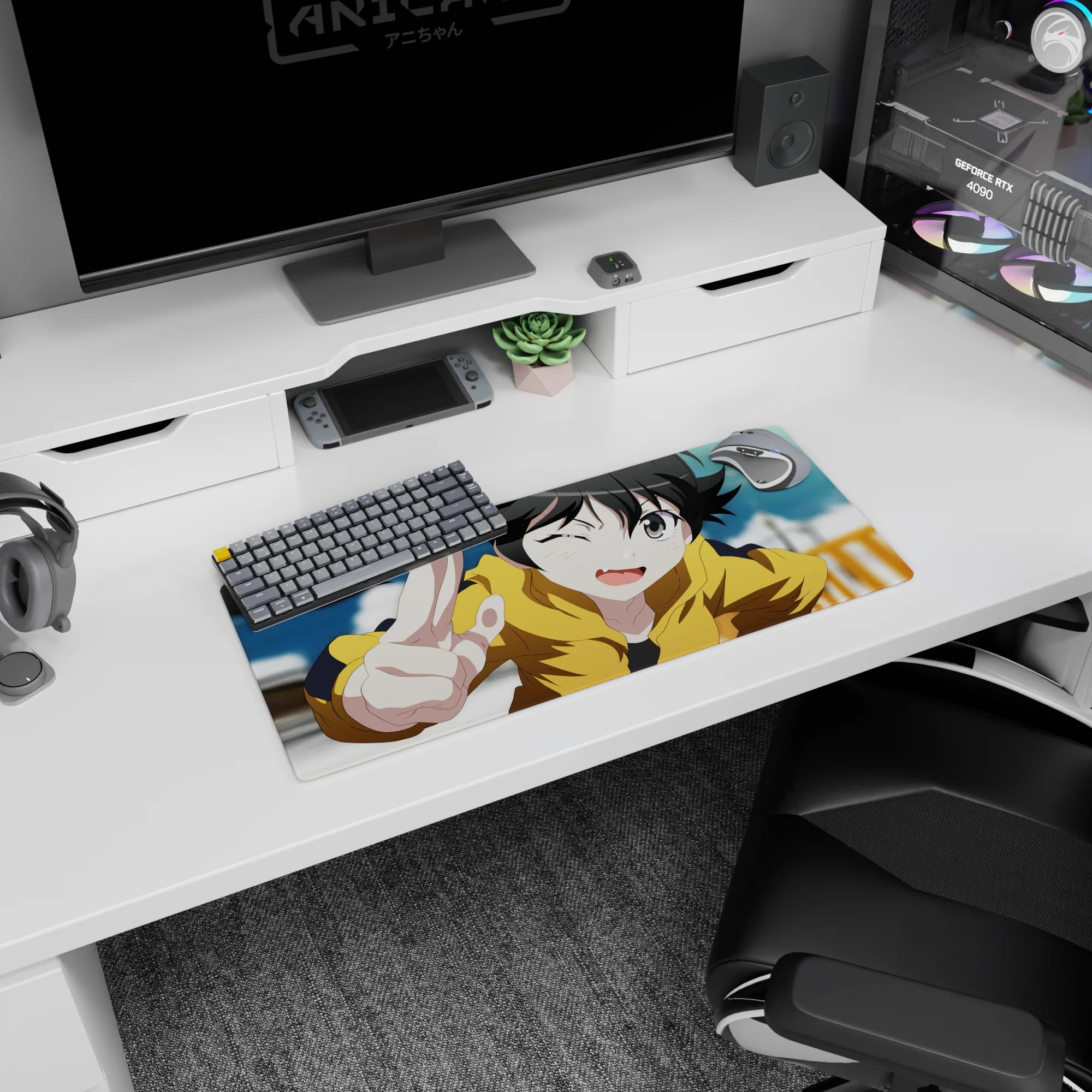 Cheeky winking anime girl in yellow hoodie against blue sky on a 28x12 inches extended mouse pad.