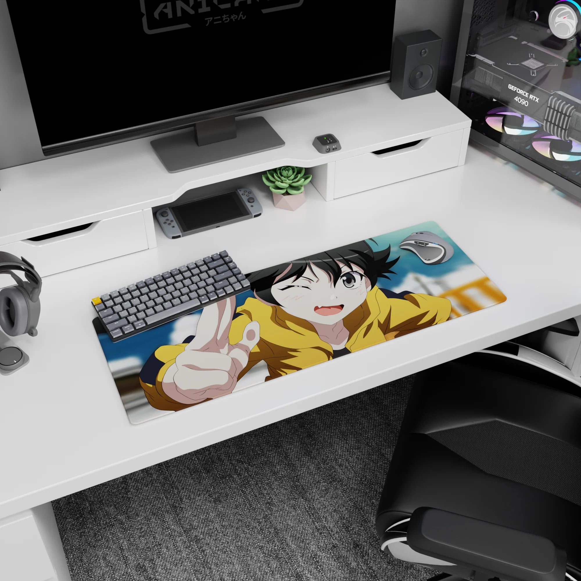 32x12 inches anime mouse pad showing cheeky girl winking and flashing a big peace sign under cloudy sky.
