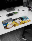 32x12 inches anime mouse pad showing cheeky girl winking and flashing a big peace sign under cloudy sky.