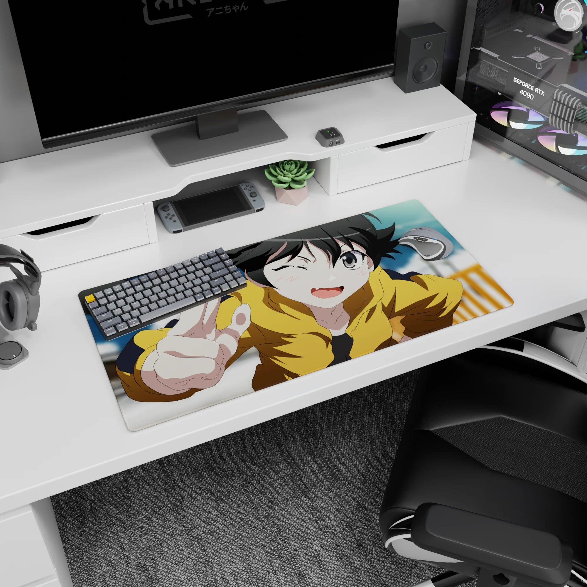 Winking anime girl flashing a peace sign on mouse pad 32x16 inches, hoodie pop against cloudy sky.