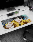 Winking anime girl flashing a peace sign on mouse pad 32x16 inches, hoodie pop against cloudy sky.