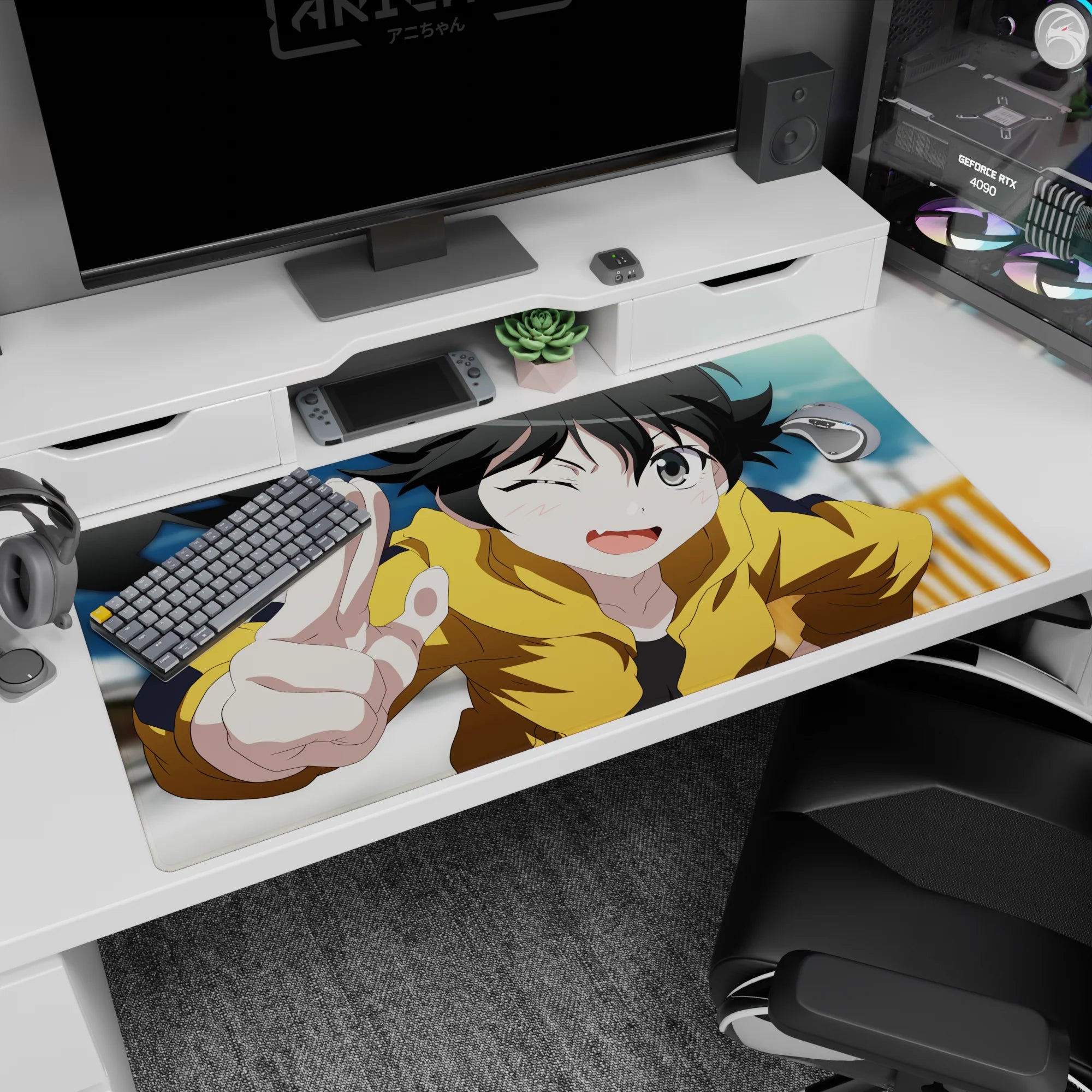 Winking anime girl in yellow hoodie flashing a peace sign on a 40x20 inches desk pad.