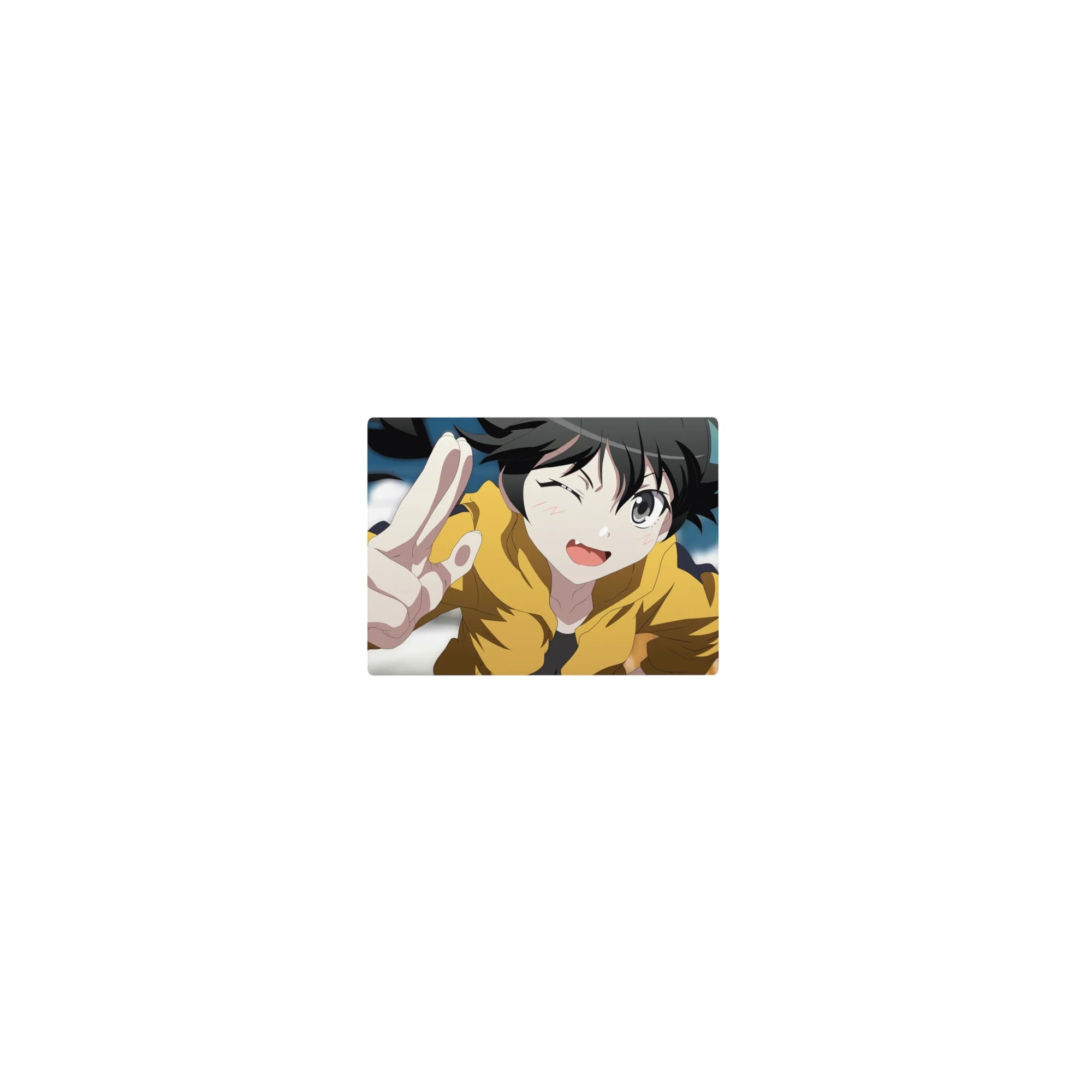 Classic anime girl mouse pad 14x10 inches with winking girl in yellow hoodie doing a peace sign.