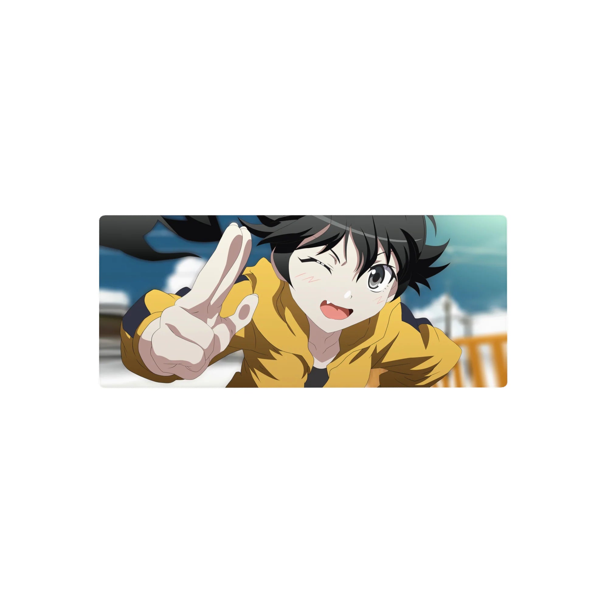 Anime girl mouse pad 28x12 inches with winking character in mustard hoodie flashing a peace sign.