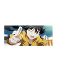 Anime girl mouse pad 28x12 inches with winking character in mustard hoodie flashing a peace sign.