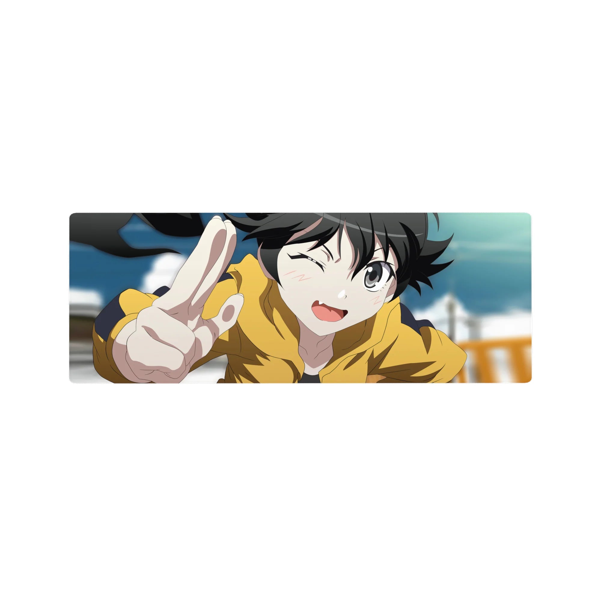 32x12 inches anime girl mouse pad with winking girl in mustard hoodie, peace sign, crisp bold line art.