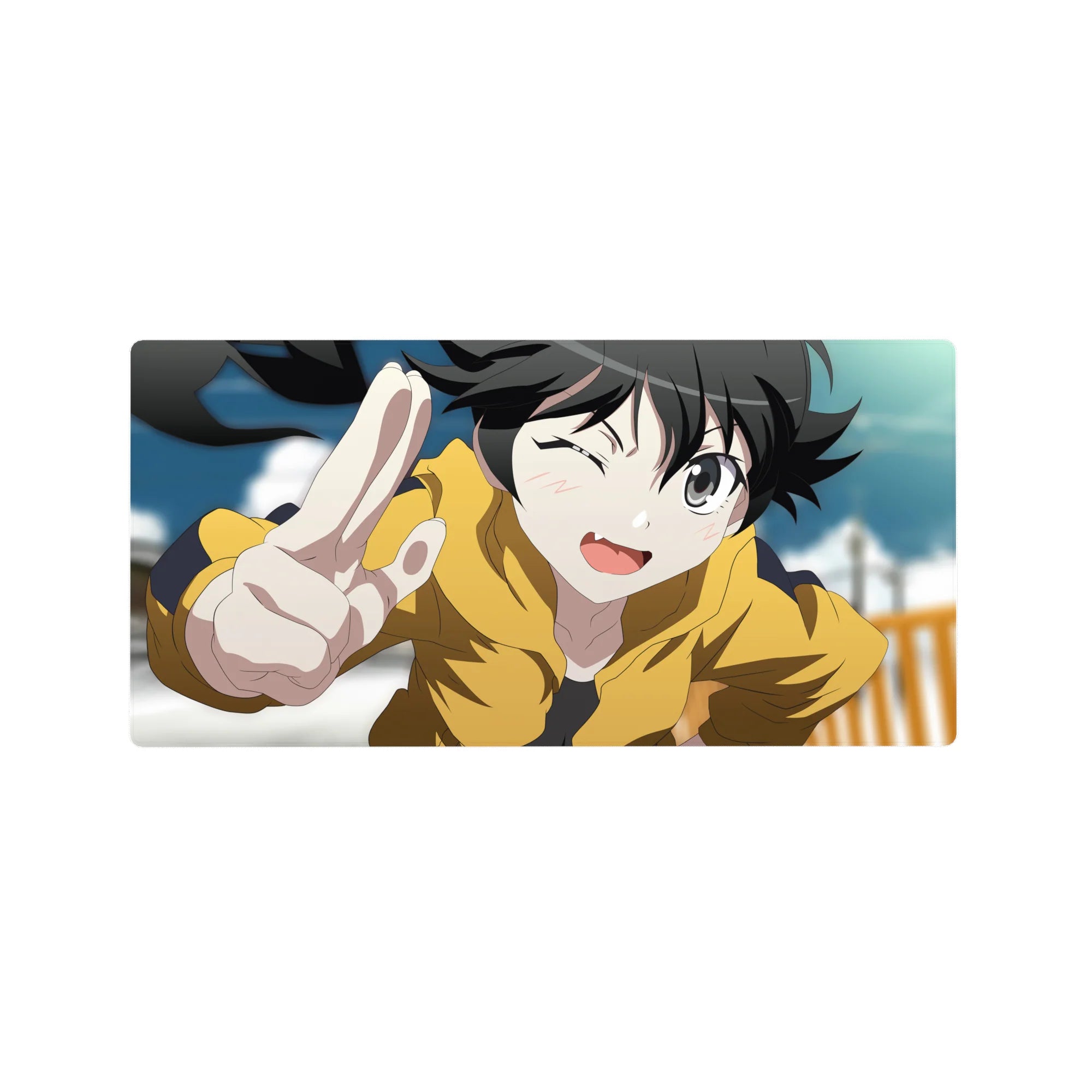 Anime girl mouse pad 32x16 inches with winking character in mustard hoodie, peace sign, crisp line art.