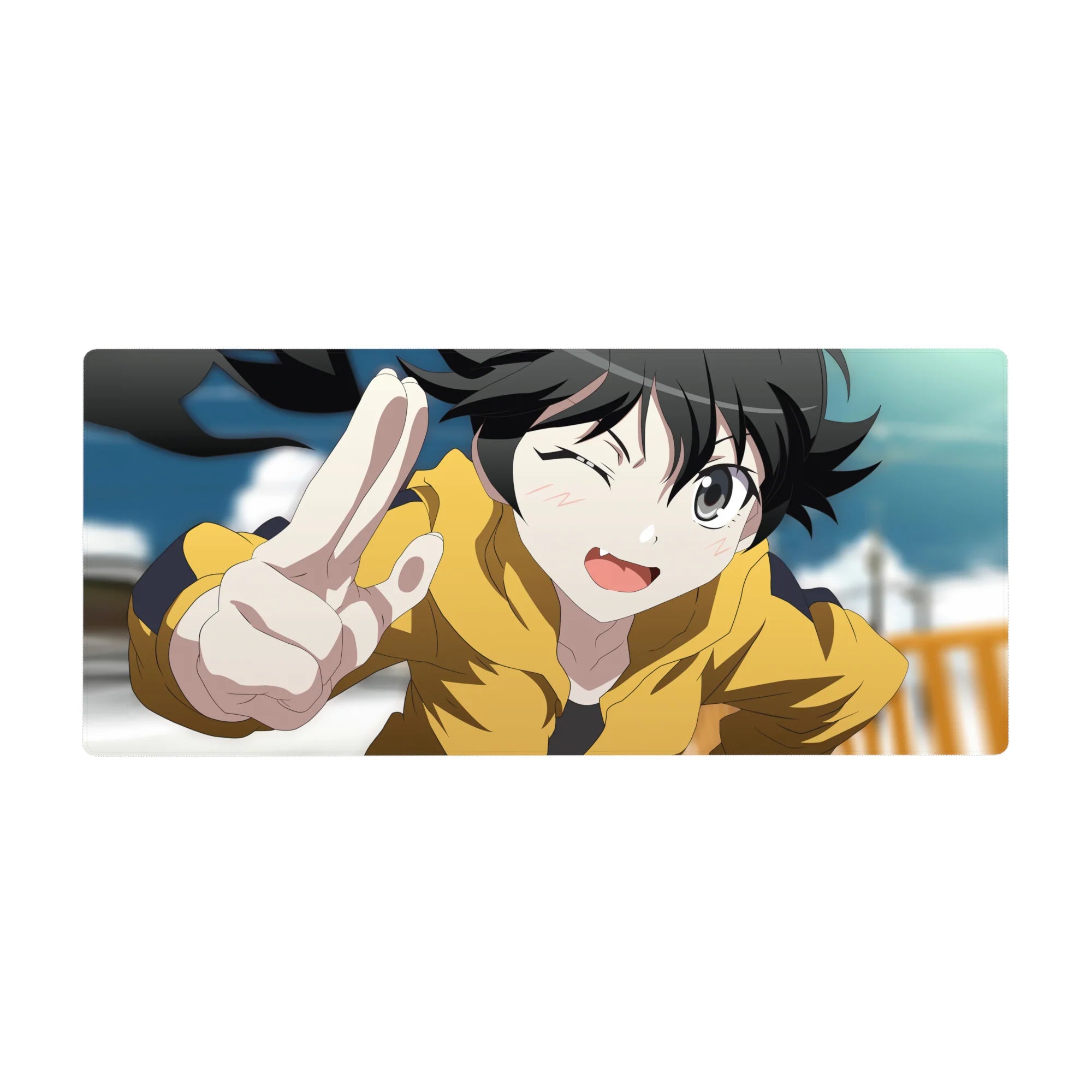 Anime girl desk pad 36x16 inches with winking peace-sign pose, crisp linework, bold shadows.