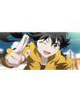 Anime girl desk pad 36x16 inches with winking peace-sign pose, crisp linework, bold shadows.
