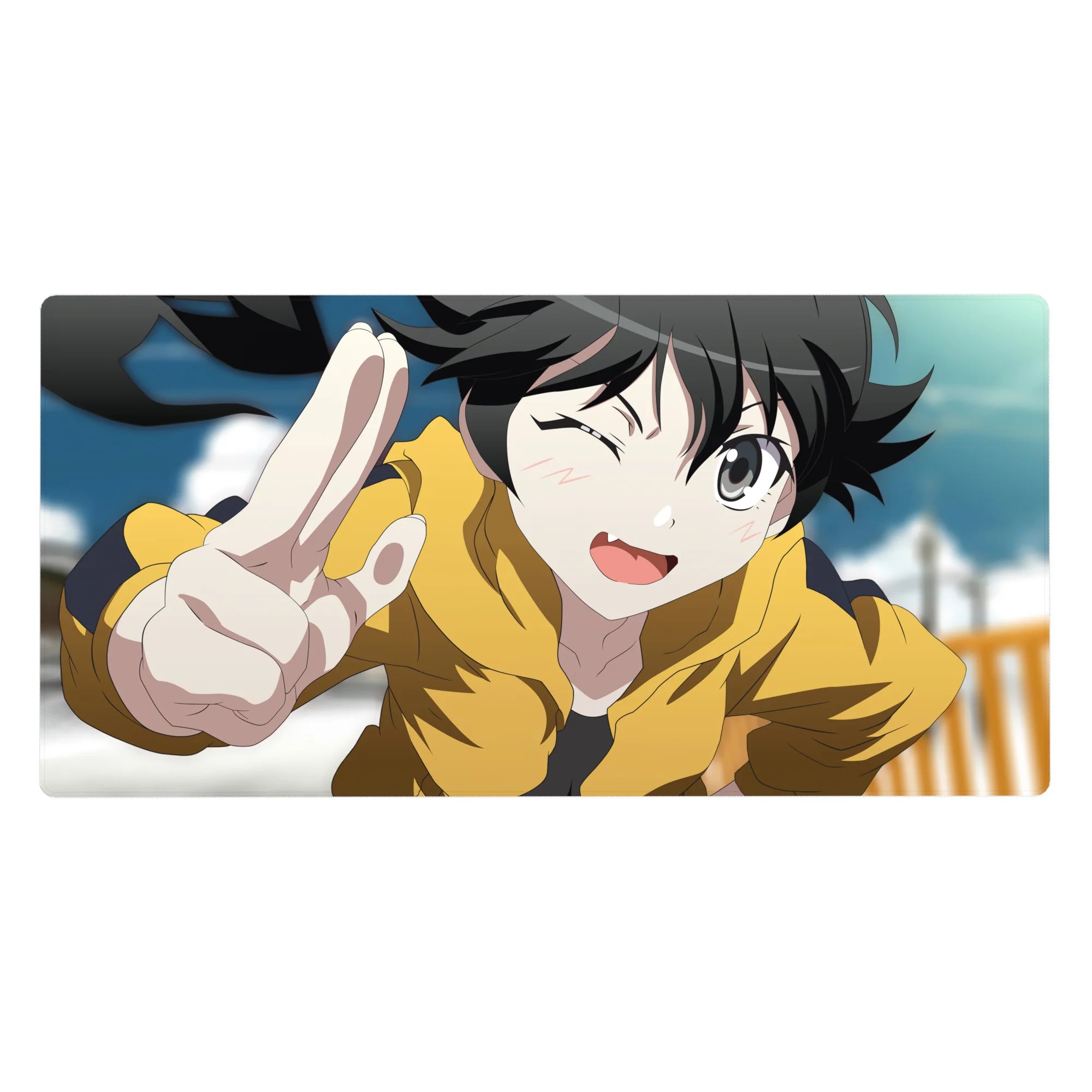 Anime girl desk pad 40x20 inches with winking peace-sign pose, crisp linework, bold shadows.