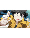 Anime girl desk pad 40x20 inches with winking peace-sign pose, crisp linework, bold shadows.