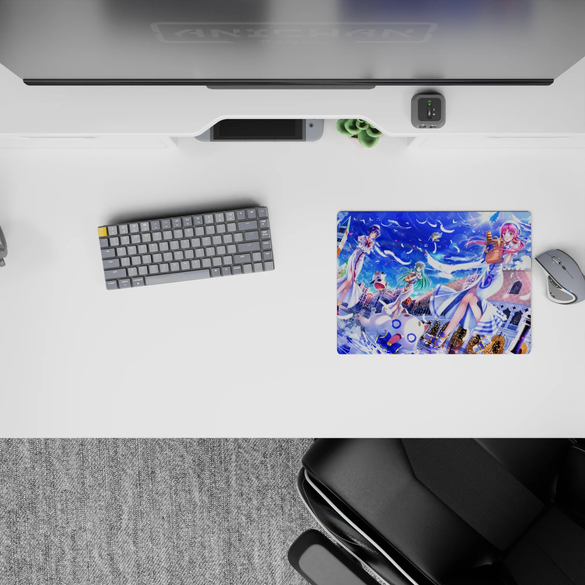 Bright sapphire sky and crisp blues on a cozy anime girl mouse pad 14x10 inches, dreamy and playful.