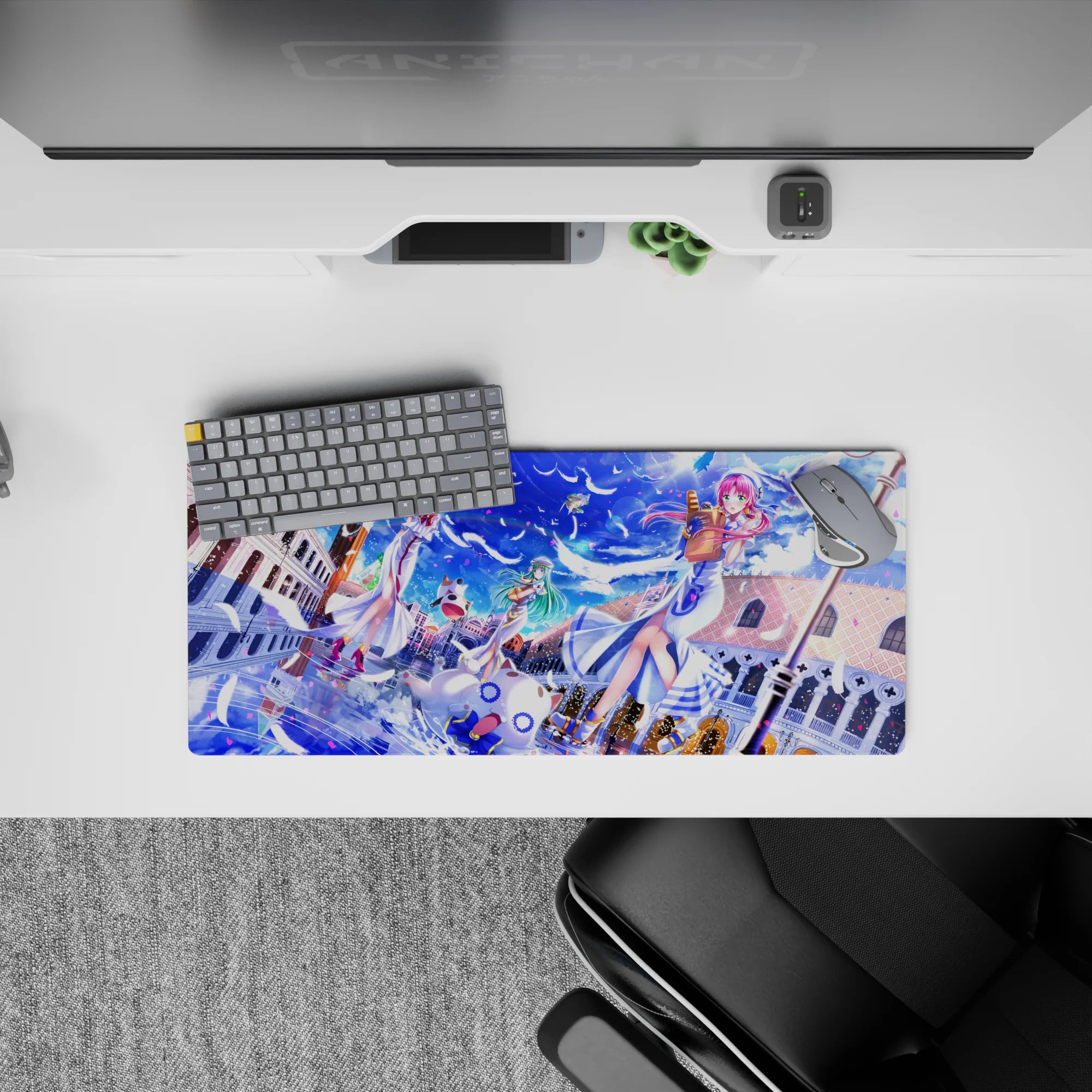 28x12 inches mouse pad in bright sapphire sky blues and clean whites, cozy cute anime aesthetic with petals.