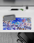 28x12 inches mouse pad in bright sapphire sky blues and clean whites, cozy cute anime aesthetic with petals.