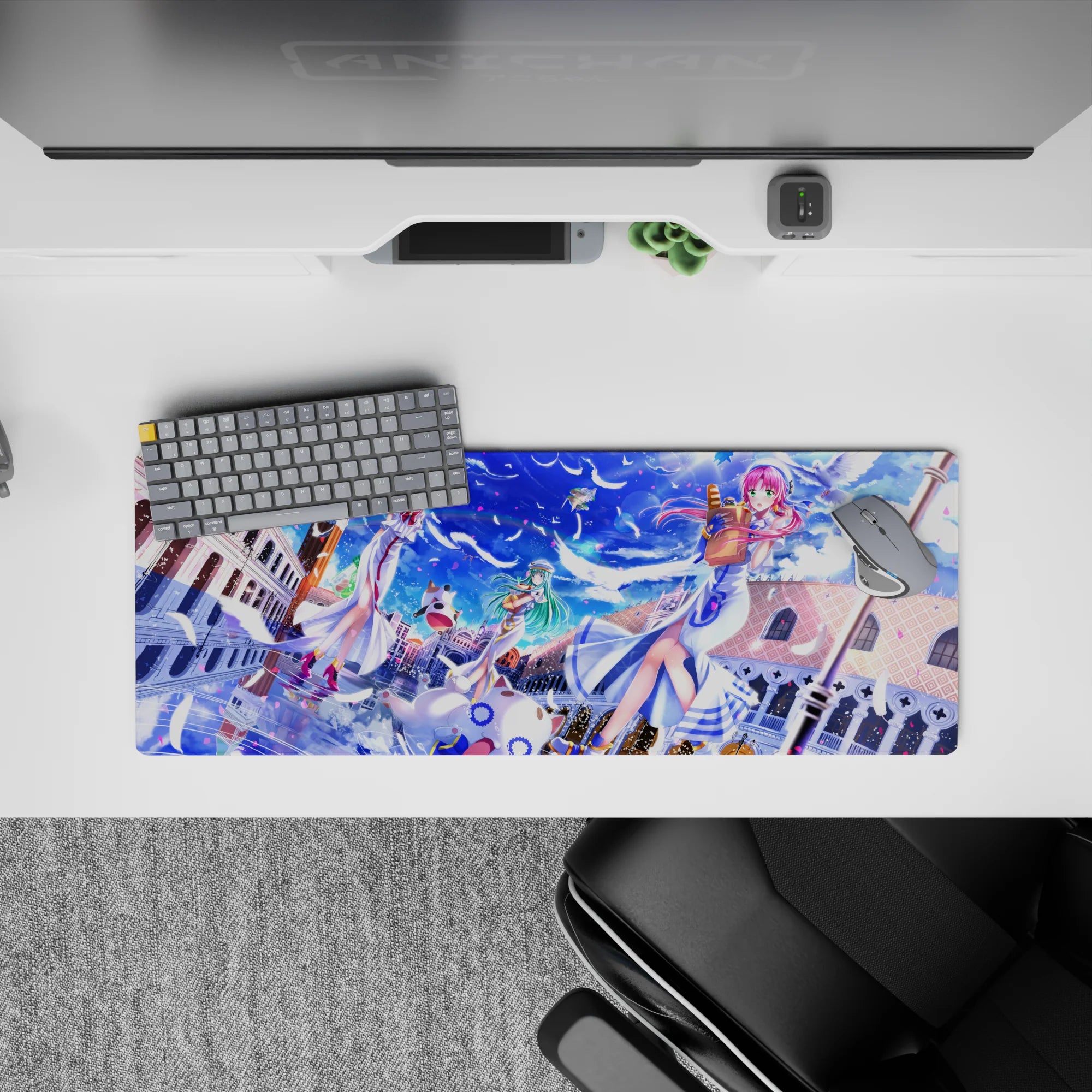 32x12 inches desk mouse pad in bright sapphire blue and clean white, dreamy petals and playful feel.