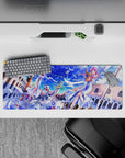 32x12 inches desk mouse pad in bright sapphire blue and clean white, dreamy petals and playful feel.