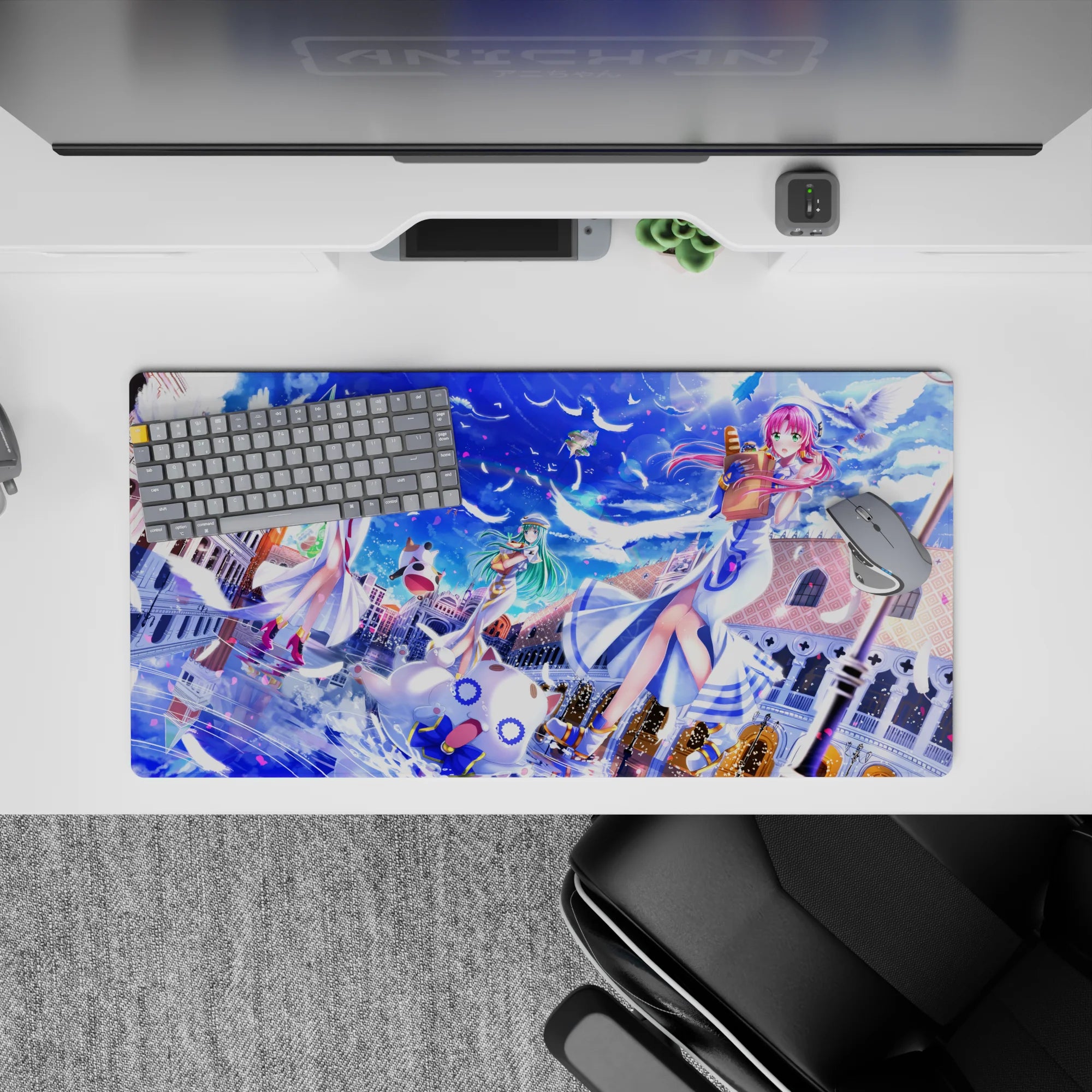 Bright sapphire sky anime girl mouse pad 32x16 inches with white feathers and pink petals, cozy vibe.