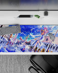Bright sapphire blue 36x16 inches anime girl desk pad with white feathers and pink petals, cozy feel.