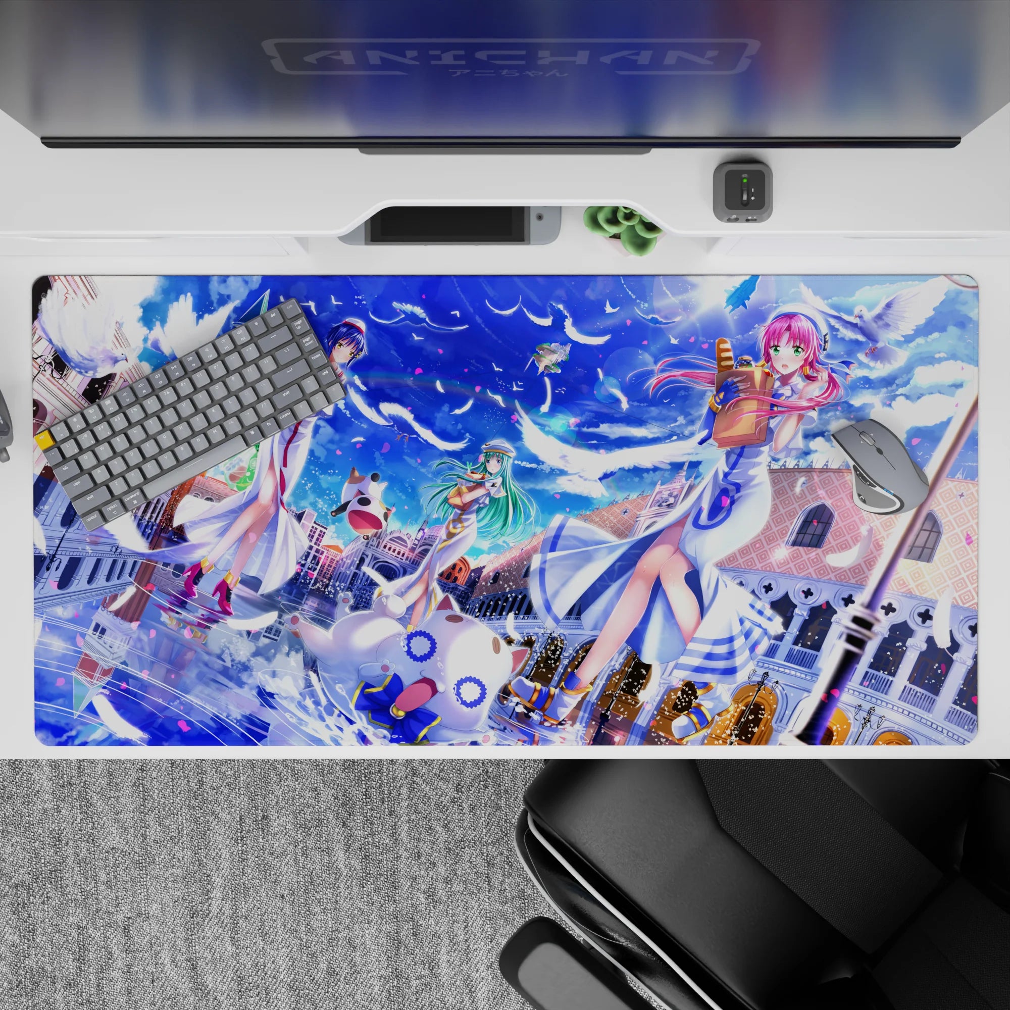 Anime girl desk pad 40x20 inches in bright sapphire sky blues and clean whites, cute cozy daydream vibe.