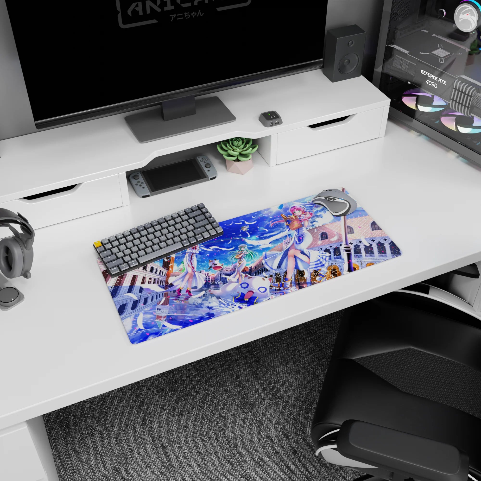 28x12 inches Aria The Animation mouse pad featuring Akari, Alice, and Aika drifting on a gondola with Aria-shachou.
