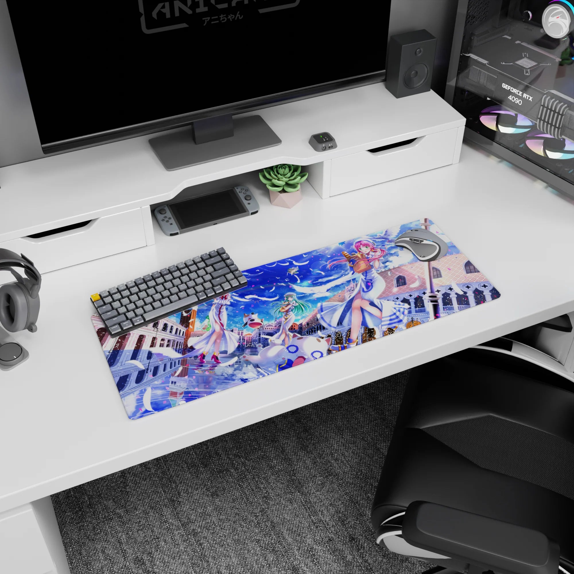 32x12 inches anime desk mat featuring Akari, Alice, and Aika drifting the gondola with Aria-shachou.