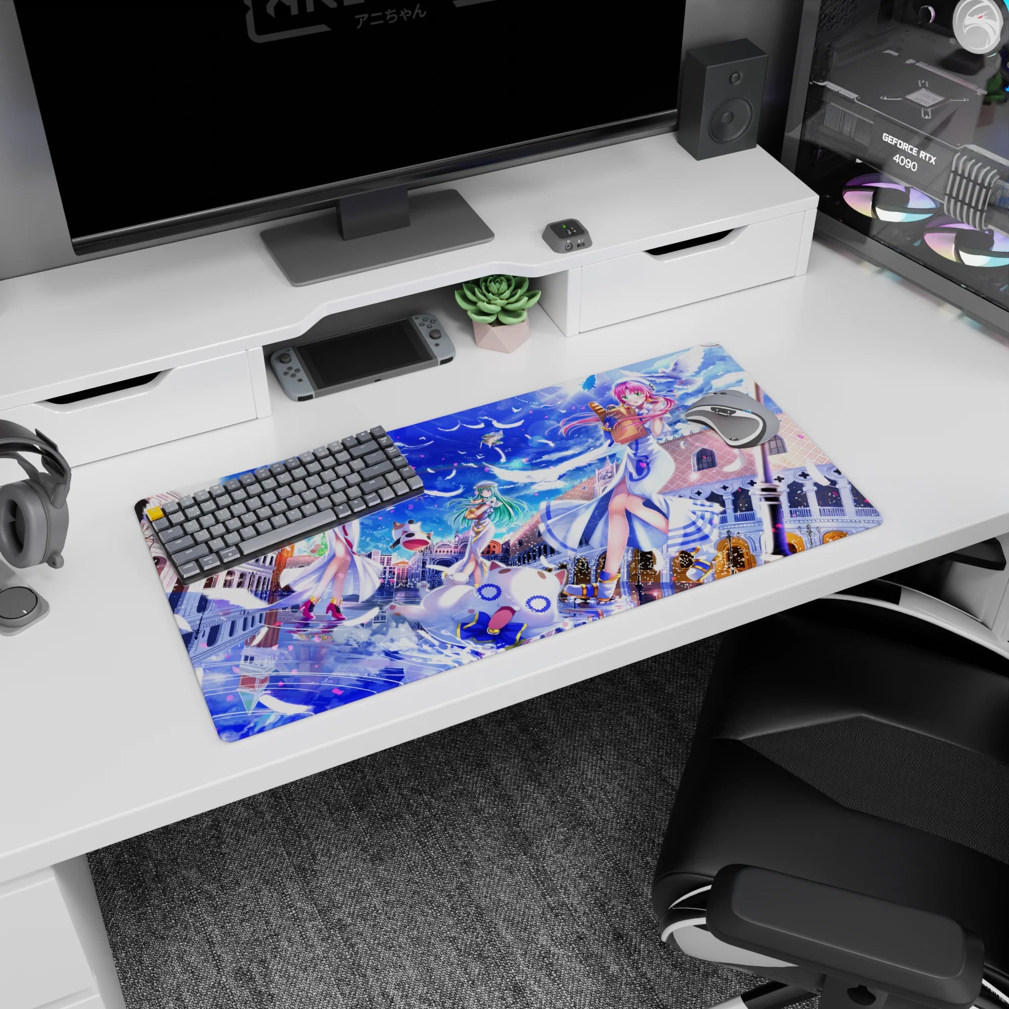 Akari Mizunashi with Alice and Aika drifting gondola scene anime girl mouse pad 32x16 inches.