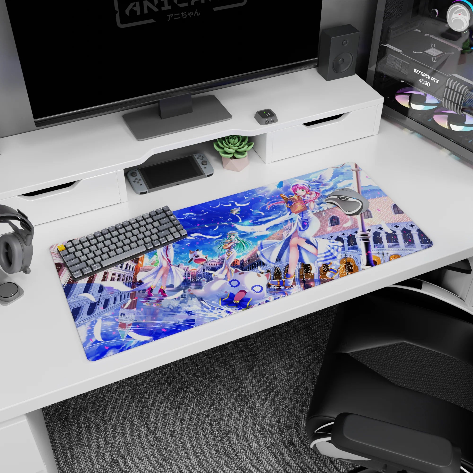 Akari Mizunashi drifting through Neo-Venezia with Aria-shachou on a 36x16 inches anime desk pad.