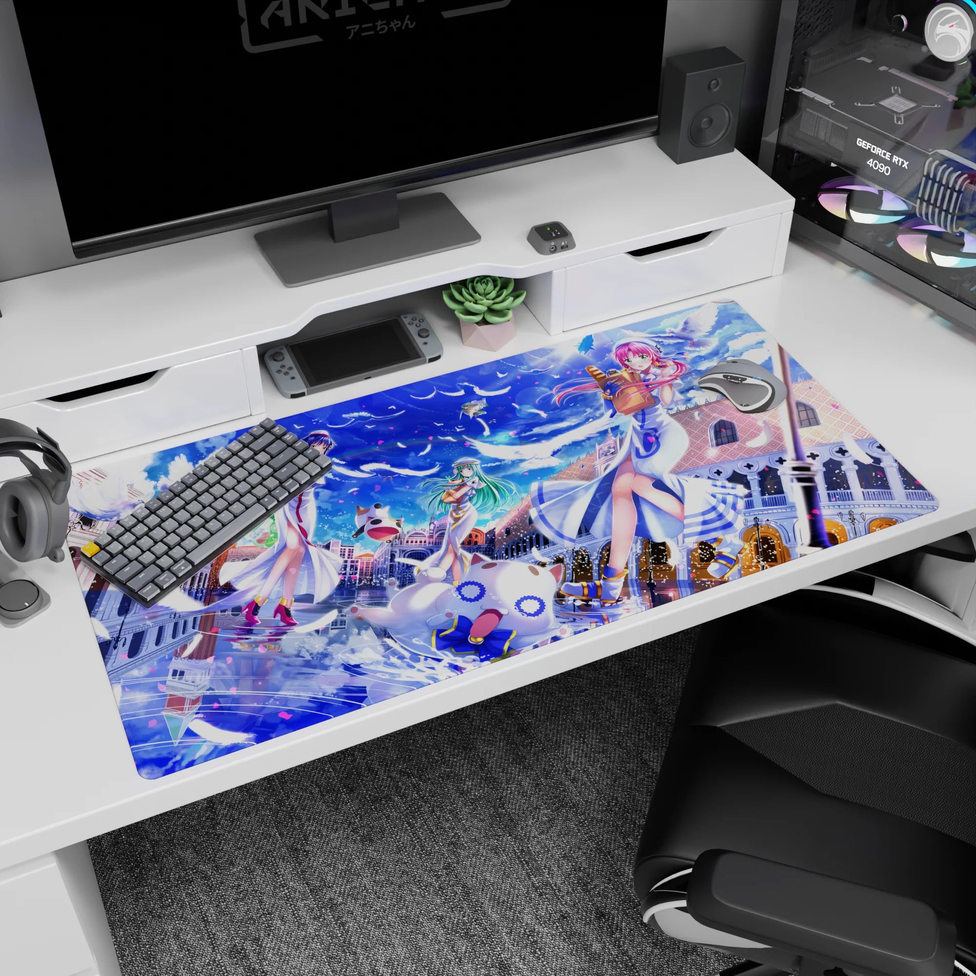 Aria The Animation desk pad 40x20 inches featuring Akari, Alice, and Aika drifting through Neo-Venezia.